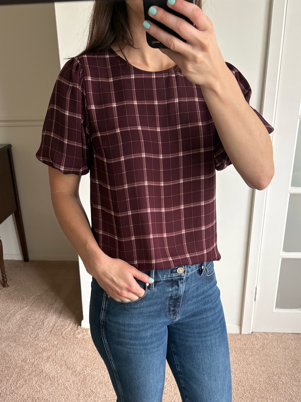 Ann Taylor Plaid Short-Sleeve Blouse in Wine and White